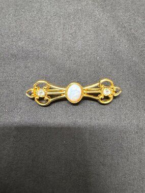 Vintage Trifari Gold-Tone Bar Brooch Opalescent Stone & Rhinestone Accents